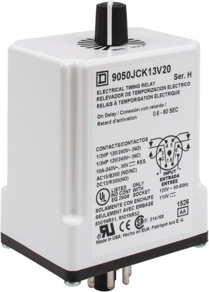 Square D - 8 Pin, 1 min Delay, Multiple Range DPDT Time Delay Relay - 10 Contact Amp, 110 VDC & 120 VAC - Exact Tooling