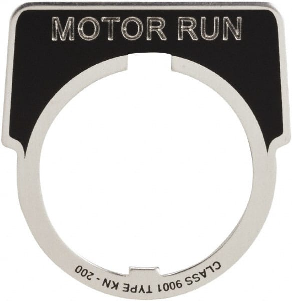 Square D - Metal Legend Plate - Motor Run - Black Background, White Letters, 30mm Hole Diameter - Exact Tooling