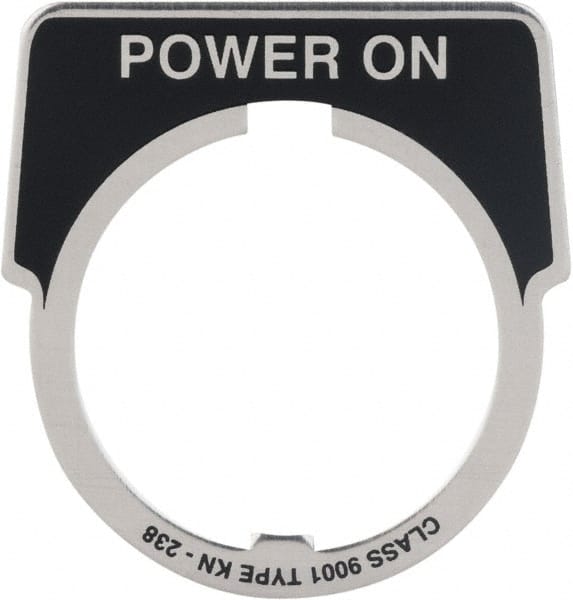 Square D - Metal Legend Plate - Power On - Black Background, White Letters, 30mm Hole Diameter - Exact Tooling