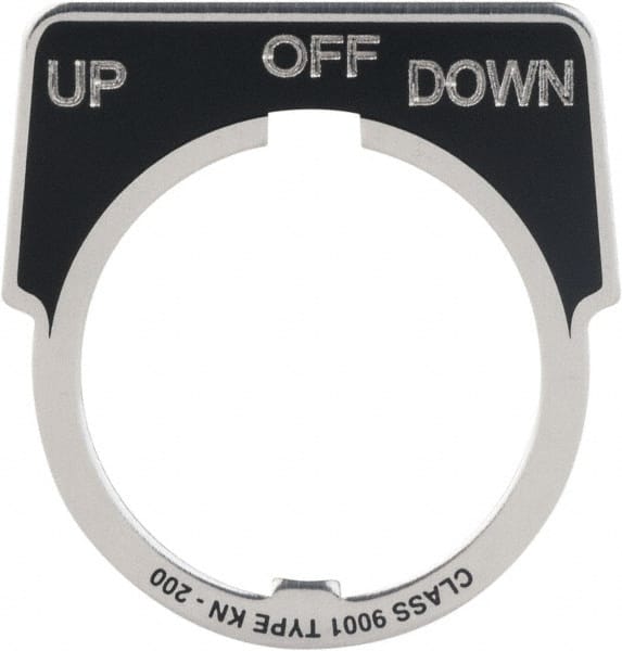 Square D - Metal Legend Plate - Up-Off-Down - Black Background, White Letters, 30mm Hole Diameter - Exact Tooling