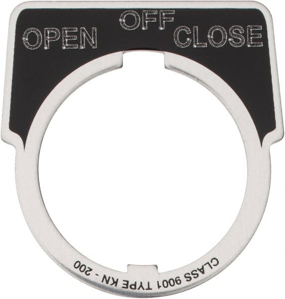 Square D - Metal Legend Plate - Close, Off, Open - Black Background, White Letters, 30mm Hole Diameter - Exact Tooling