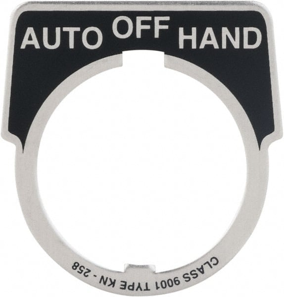 Square D - Metal Legend Plate - Auto-Off-Hand - Black Background, White Letters, 30mm Hole Diameter - Exact Tooling