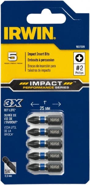 Irwin - #2, Insert Phillips Screwdriver Bit - 1/4" Drive, 1" OAL - Exact Tooling