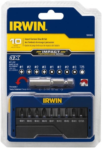 Irwin - 10 Piece, Phillips, Square, Torx Handle, Insert Bit Set - #1 to #3 - Exact Tooling