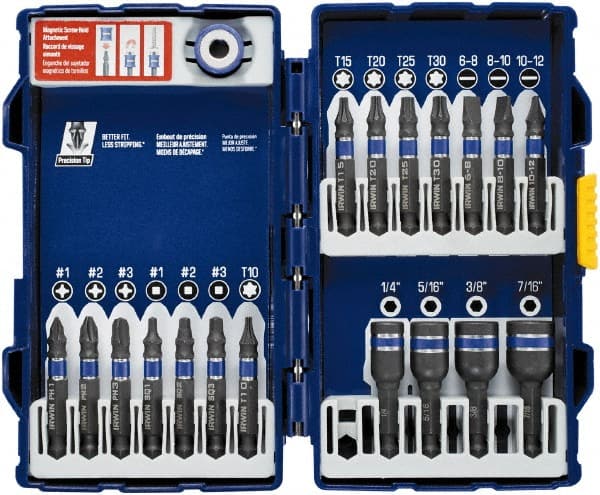Irwin - 19 Piece, Phillips, Square, Torx, Slotted, Hex Nutsetter Handle, Drive Set - 1/4 to 7/16" Hex, #1 to #3 - Exact Tooling