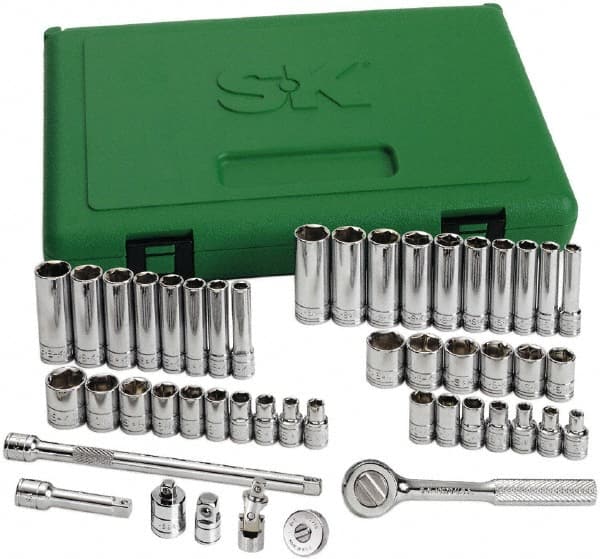 SK - 48 Piece 1/4" Drive Standard Deep Socket Set - 6 Points, 3/16 to 9/16", 4 to 15mm, Inch/Metric Measurement Standard - Exact Tooling