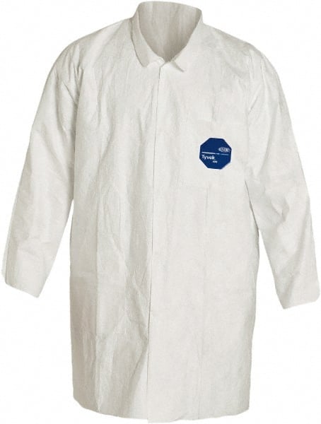Dupont - Size XL White Disposable Chemical Resistant Lab Coat - Tyvek, Snap Front, Open Cuff - Exact Tooling