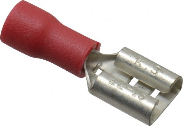 Thomas & Betts - 22 to 16 AWG, Vinyl, Fully Insulated, Female Wire Disconnect - 1/4 Inch Wide Tab, Red, RoHS Compliant, UL 94 V-0 - Exact Tooling