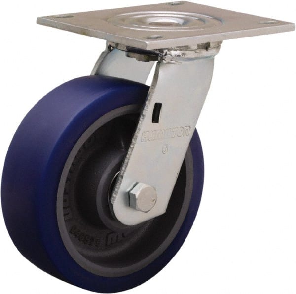 Hamilton - 6" Diam x 2" Wide x 7-1/2" OAH Top Plate Mount Swivel Caster - Polyurethane Mold onto Cast Iron Center, 900 Lb Capacity, Sealed Precision Ball Bearing, 5 x 5-1/2" Plate - Exact Tooling