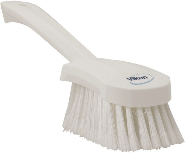 Vikan - 1.8" Bristle Length, Polyester Scrub Brush - 4-1/4" Long x 2-3/4" Wide Head, 10" OAL, White, Polypropylene Block, Flagged - Exact Tooling