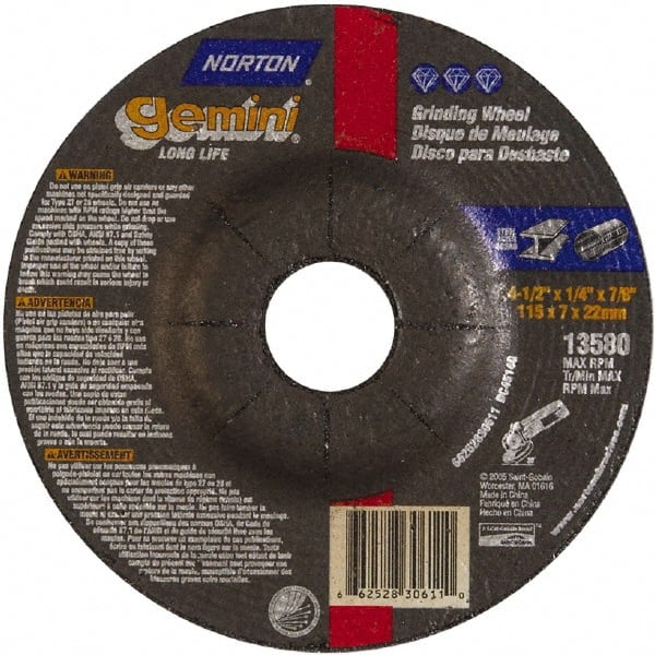 Norton - 4-1/2" Wheel Diam, 1/4" Wheel Thickness, 7/8" Arbor Hole, Type 27 Depressed Center Wheel - Aluminum Oxide - Exact Tooling