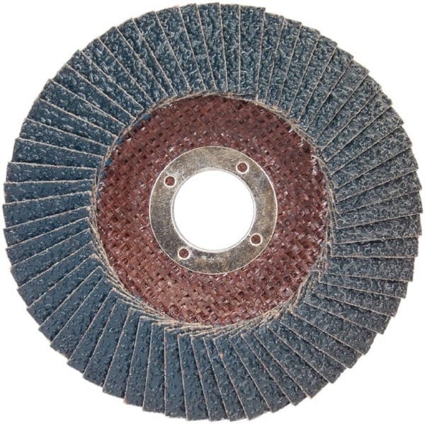 Norton - 80 Grit, 5" Disc Diam, 7/8" Center Hole, Type 29 Zirconia Alumina Flap Disc - 12,000 Max RPM, Plastic Backing, Arbor Attaching System, Coated - Exact Tooling