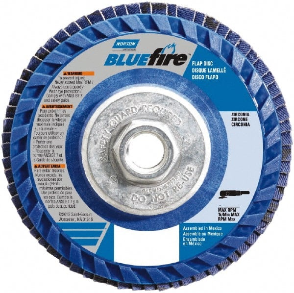 Norton - 36 Grit, 4-1/2" Disc Diam, 5/8-11 Center Hole, Type 27 Zirconia Alumina Flap Disc - 13,300 Max RPM, Plastic Backing, Arbor Attaching System, Coated - Exact Tooling