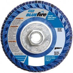 Norton - 36 Grit, 4-1/2" Disc Diam, 5/8-11 Center Hole, Type 27 Zirconia Alumina Flap Disc - 13,300 Max RPM, Plastic Backing, Arbor Attaching System, Coated - Exact Tooling