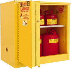 Securall Cabinets - 2 Door, 1 Shelf, Yellow Steel Standard Safety Cabinet for Flammable and Combustible Liquids - 35" High x 36" Wide x 24" Deep, Sliding Door, 3 Point Key Lock, 30 Gal Capacity - Exact Tooling