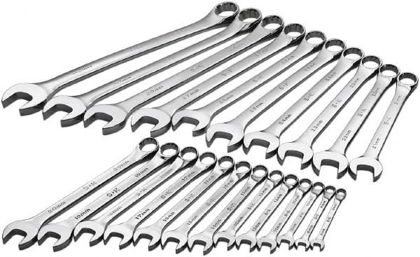 SK - 23 Piece, 8mm to 32mm, 12 Point Combination Wrench Set - Metric Measurement Standard, Chrome Finish, Comes in Rack - Exact Tooling