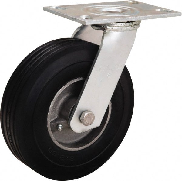 Hamilton - 8" Diam x 2" Wide, Rubber Swivel Caster - 500 Lb Capacity, Top Plate Mount, 4-1/2" x 6-1/4" Plate, Straight Roller Bearing - Exact Tooling
