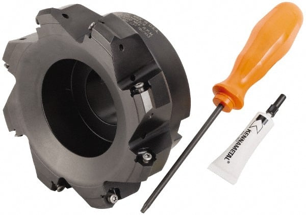 Kennametal - 5" Cut Diam, 1-1/2" Arbor Hole, 4.45mm Max Depth of Cut, 30° Indexable Chamfer & Angle Face Mill - 8 Inserts, HNGJ 0604... Insert, Right Hand Cut, 8 Flutes, Through Coolant, Series Dodeka Mini HD - Exact Tooling