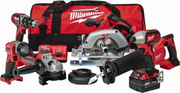 Milwaukee Tool - 18 Volt Cordless Tool Combination Kit - Includes 1/2" Hammer Drill Driver, 1/4" Impact Driver, 1-Hour Charger, Circular Saw, Contractor Bag, Cut-Off Grinder, Reciprocating Saw, Sawzall Blade & Work Light, Lithium-Ion Battery Included - Exact Tooling