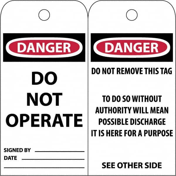 NMC - 3" High x 6" Long, DANGER \x96 DO NOT OPERATE, English Safety & Facility Accident Prevention Tag - Tag Header: Danger, 2 Sides, White Poly - Exact Tooling