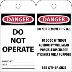 NMC - 3" High x 6" Long, DANGER \x96 DO NOT OPERATE, English Safety & Facility Accident Prevention Tag - Tag Header: Danger, 2 Sides, White Poly - Exact Tooling