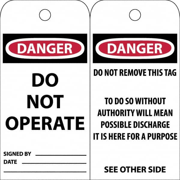 NMC - 3" High x 6" Long, DANGER \x96 DO NOT OPERATE, English Safety & Facility Accident Prevention Tag - Tag Header: Danger, 2 Sides, White Poly - Exact Tooling