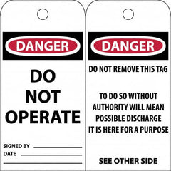 NMC - 3" High x 6" Long, DANGER \x96 DO NOT OPERATE, English Safety & Facility Accident Prevention Tag - Tag Header: Danger, 2 Sides, White Poly - Exact Tooling