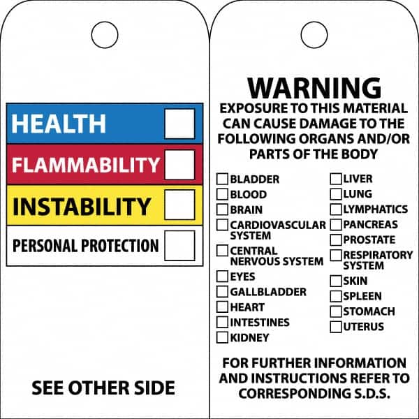 NMC - 3" High x 6" Long, HEALTH-FLAMMABILITY-INSTABILITY-PERSONAL PROTECTION, English Safety & Facility Accident Prevention Tag - Tag Header: Warning, 2 Sides, White Unrippable Vinyl - Exact Tooling