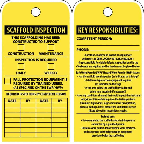 NMC - 3" High x 6" Long, SCAFFOLD INSPECTION, English Safety & Facility Inspection Tag - Tag Header: Notice, 2 Sides, Yellow Poly - Exact Tooling