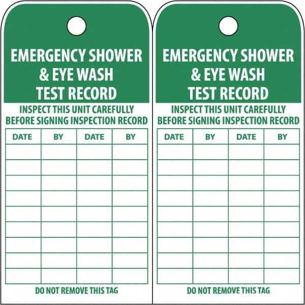 NMC - 3" High x 6" Long, EMERGENCY SHOWER & EYE WASH TEST RECORD, English Safety & Facility Accident Prevention Tag - Tag Header: Danger, 2 Sides, White Poly - Exact Tooling