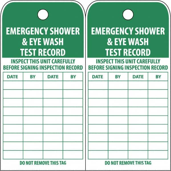NMC - 3" High x 6" Long, EMERGENCY SHOWER & EYE WASH TEST RECORD, English Safety & Facility Accident Prevention Tag - Tag Header: Danger, 2 Sides, White Poly - Exact Tooling