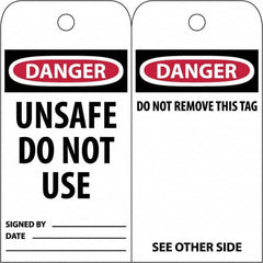 NMC - 3" High x 6" Long, DANGER \x96 UNSAFE DO NOT USE, English Safety & Facility Accident Prevention Tag - Tag Header: Danger, 2 Sides, White Poly - Exact Tooling