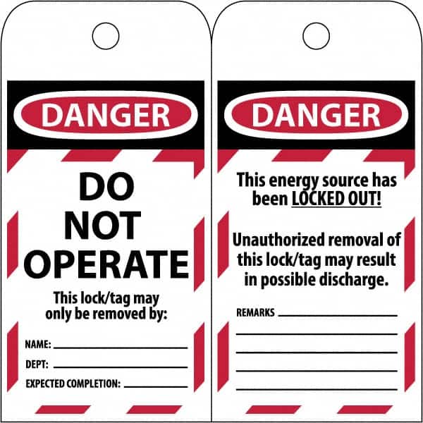 NMC - 3" High x 6" Long, DANGER \x96 DO NOT OPERATE, English Safety & Facility Lockout Tag - Tag Header: Danger, 2 Sides, Black & Red Poly - Exact Tooling
