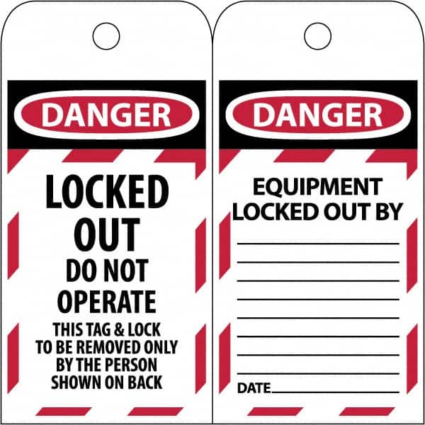 NMC - 3" High x 6" Long, LOCKED OUT - DO NOT OPERATE, English Safety & Facility Lockout Tag - Tag Header: Danger, 2 Sides, Black & Red Poly - Exact Tooling