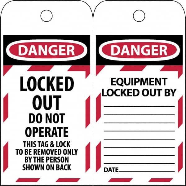 NMC - 3" High x 6" Long, LOCKED OUT - DO NOT OPERATE, English Safety & Facility Lockout Tag - Tag Header: Danger, 2 Sides, Black & Red Poly - Exact Tooling