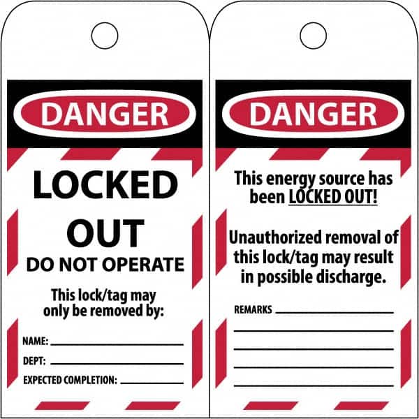 NMC - 3" High x 6" Long, LOCKED OUT - DO NOT OPERATE, English Safety & Facility Lockout Tag - Tag Header: Danger, 2 Sides, Black & Red Poly - Exact Tooling