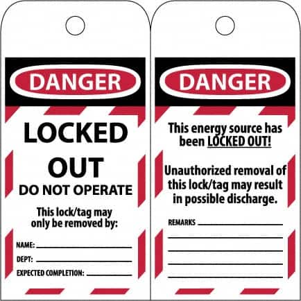 NMC - 3" High x 6" Long, LOCKED OUT - DO NOT OPERATE, English Safety & Facility Lockout Tag - Tag Header: Danger, 2 Sides, Black & Red Poly - Exact Tooling