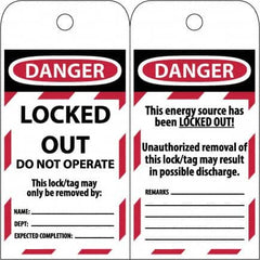 NMC - 3" High x 6" Long, LOCKED OUT - DO NOT OPERATE, English Safety & Facility Lockout Tag - Tag Header: Danger, 2 Sides, Black & Red Poly - Exact Tooling