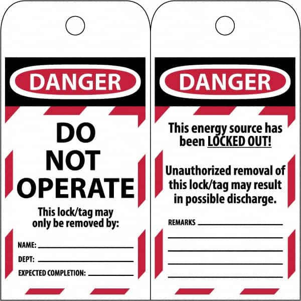 NMC - 3" High x 6" Long, LOCKED OUT - DO NOT OPERATE, English Safety & Facility Lockout Tag - Tag Header: Danger, 2 Sides, Black & Red Poly - Exact Tooling