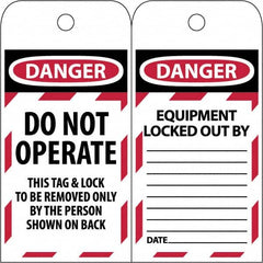 NMC - 3" High x 6" Long, DANGER - DO NOT OPERATE - EQUIPMENT LOCK-OUT - THIS TAG & LOCK TO BE REMOVED ONLY BY THE PERSON SHOWN ON BACK, English Safety & Facility Lockout Tag - Tag Header: Danger, 2 Sides, Black & Red Poly - Exact Tooling