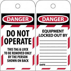 NMC - 3" High x 6" Long, DANGER - DO NOT OPERATE - EQUIPMENT LOCK-OUT - THIS TAG & LOCK TO BE REMOVED ONLY BY THE PERSON SHOWN ON BACK, English Safety & Facility Lockout Tag - Tag Header: Danger, 2 Sides, Black & Red Poly - Exact Tooling