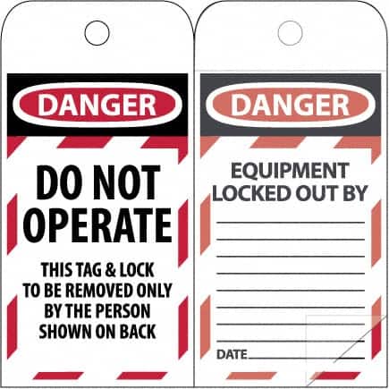 NMC - 3" High x 6" Long, DANGER - THIS TAG & LOCK TO BE REMOVED ONLY BY THE PERSON SHOWN, English Safety & Facility Lockout Tag - Tag Header: Danger, 2 Sides, Black & Red Poly - Exact Tooling