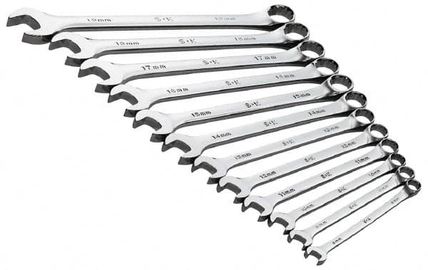 SK - 13 Piece, 8 to 19mm, 12 Point, Combination Wrench Set - Metric System of Measurement, Chrome Finish, Comes in Roll - Exact Tooling