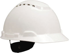 3M - ANSI Type I, Class C Rated, 4-Point, Ratchet Adjustment Hard Hat - Size 6-1/2 to 8, White, Standard Brim, Vented - Exact Tooling