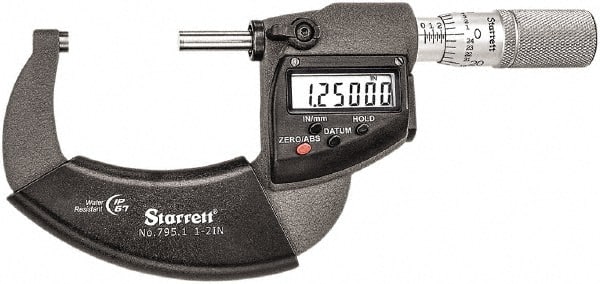 Starrett - 1 to 2" Range, Standard Throat IP67 Electronic Outside Micrometer - Friction Thimble, Carbide Face, CR2032 Battery - Exact Tooling