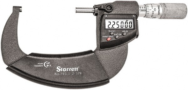 Starrett - 2 to 3" Range, Standard Throat IP67 Electronic Outside Micrometer - Friction Thimble, Carbide Face, CR2032 Battery - Exact Tooling