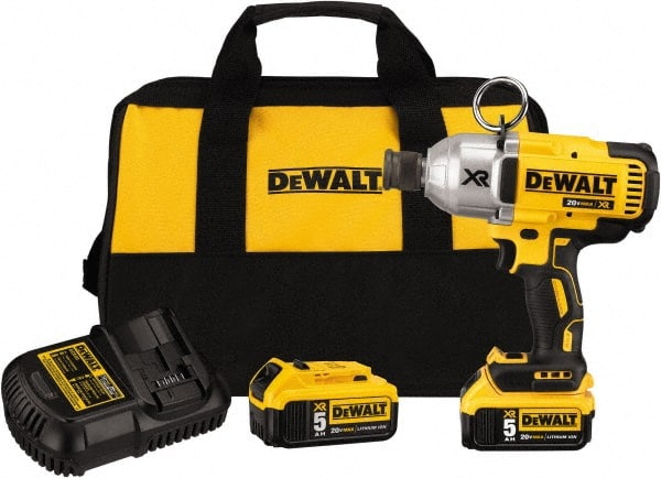 DeWALT - 7/16" Drive 20 Volt Mid-Handle Cordless Impact Wrench & Ratchet - 400/900/1,200 RPM, 0 to 2,400 BPM, 500 Ft/Lb Torque, 2 Lithium-Ion Batteries Included - Exact Tooling