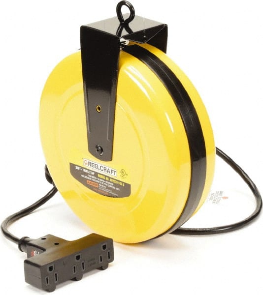 Reelcraft - 16 AWG, 30' Cable Length, Cord & Cable Reel with Outlet End - 3 Outlets, NEMA 5-15R, 10 Amps, 125 Volts, SJTW Cable, Yellow Reel, Spring Driven Reel - Exact Tooling