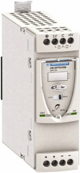 Schneider Electric - 72 Watt, 3 Amp, 100 to 120 VAC, 200 to 500 VAC Input, 24 VDC Output, DIN Rail Power Supply - Screw Connection, 165mm Wide x 155mm Deep x 143mm High, 87-100% Efficiency, Green LED Output, Red LED Output - Exact Tooling