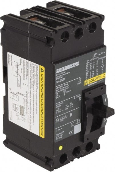 Square D - 25 Amp, 240 VAC, 2 Pole, Individually Mounted Molded Case Circuit Breaker - Thermal Magnetic Trip, 10 kA at 240 VAC Breaking Capacity, 12-4 (Aluminum), 14-4 (Copper) AWG, 4.13 Inch Deep x 6 Inch High x 3 Inch Wide - Exact Tooling